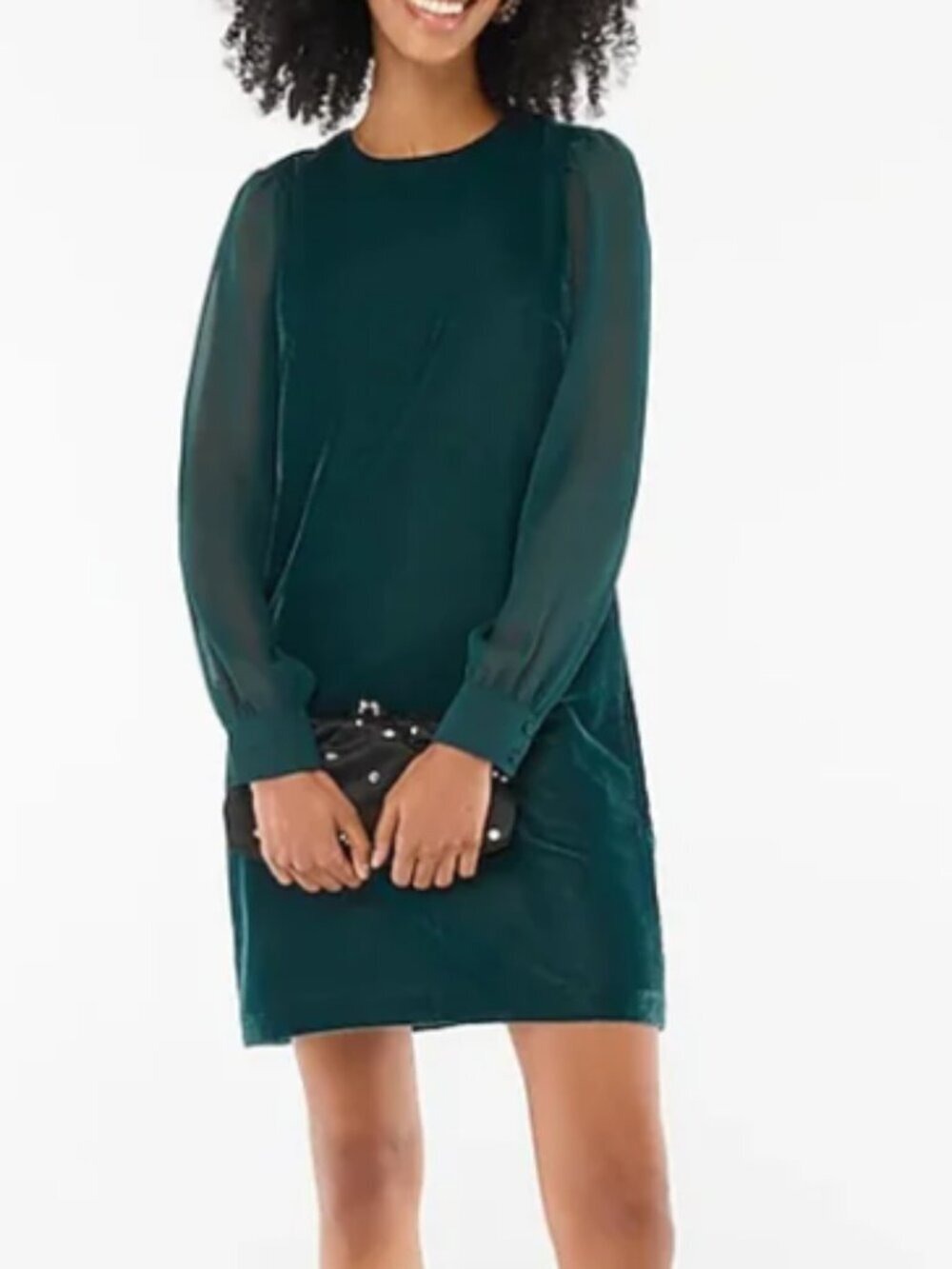 NWT J Crew Velvet Sheer Long Sleeve Shift Dress Size 10 Emerald Green Pockets